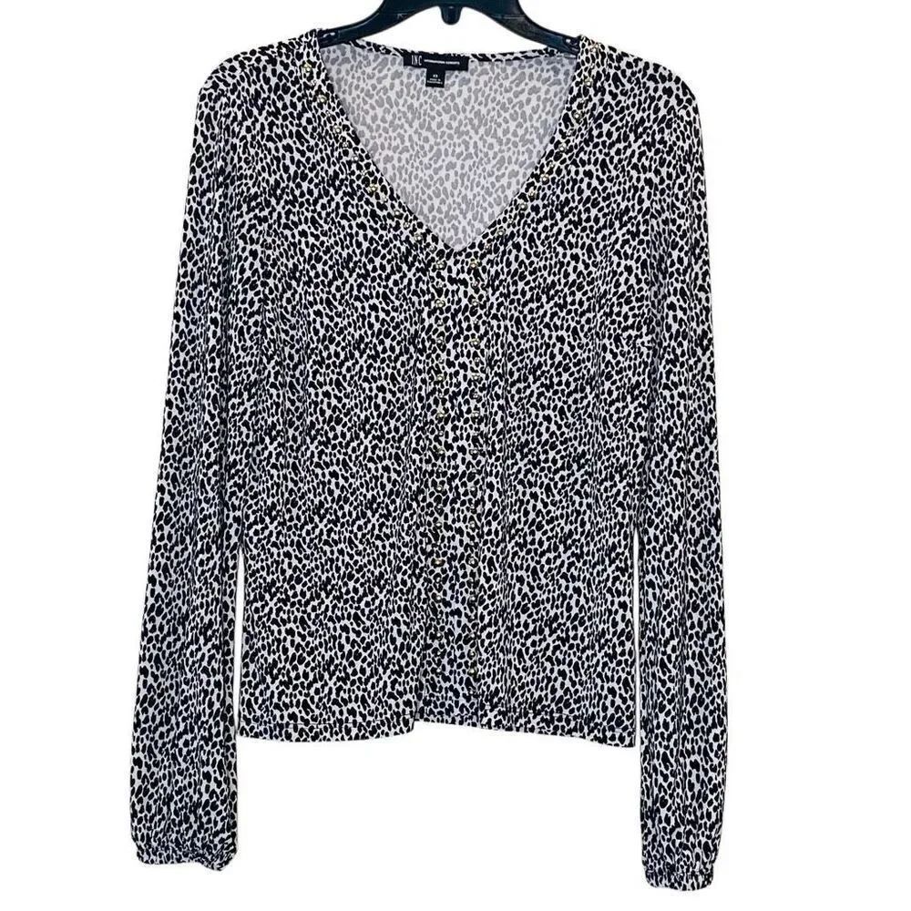 INC International Concepts Printed Studded Long Sleeve Top Black White Size XS